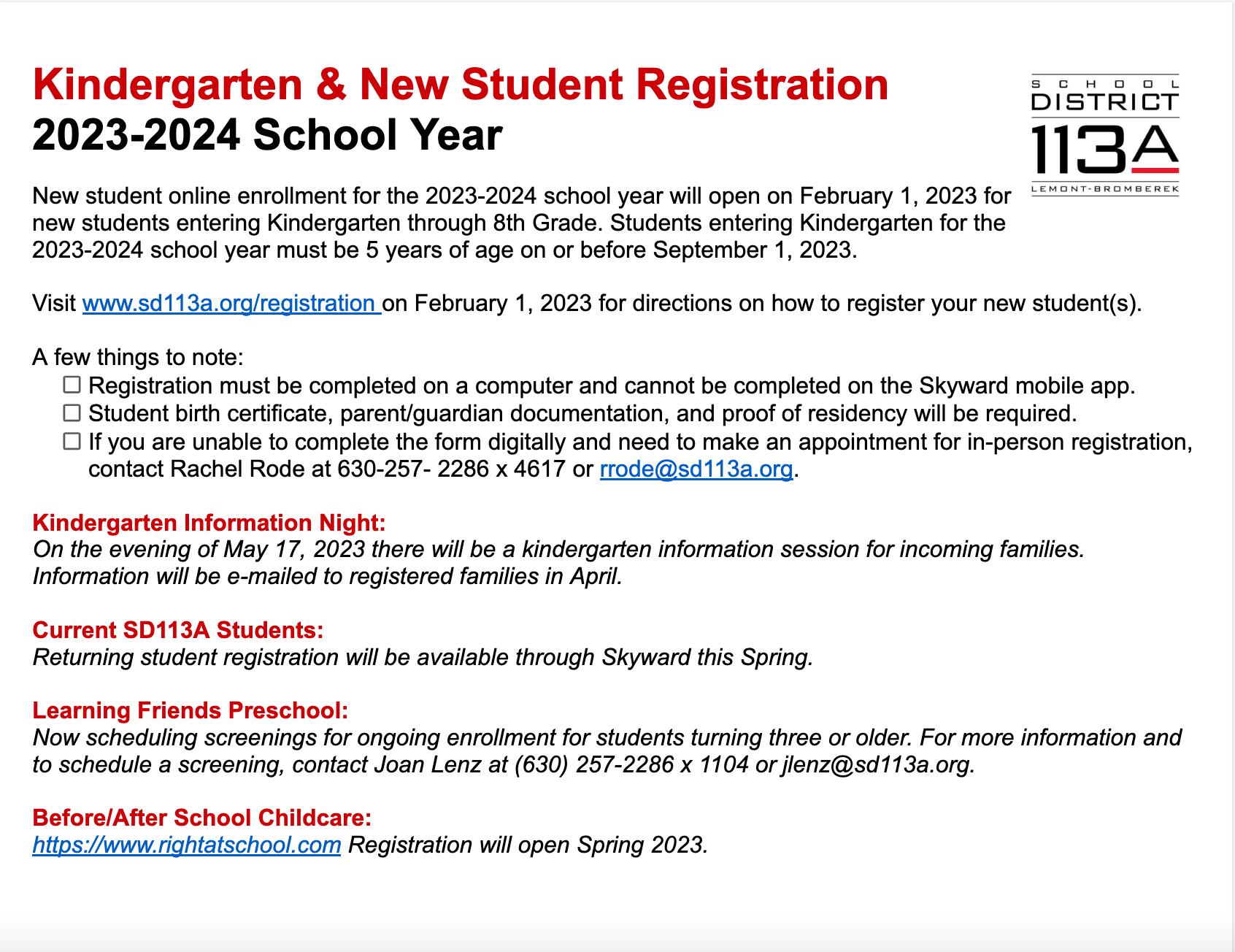 2023-2024 Registration for Kindergarten and New students